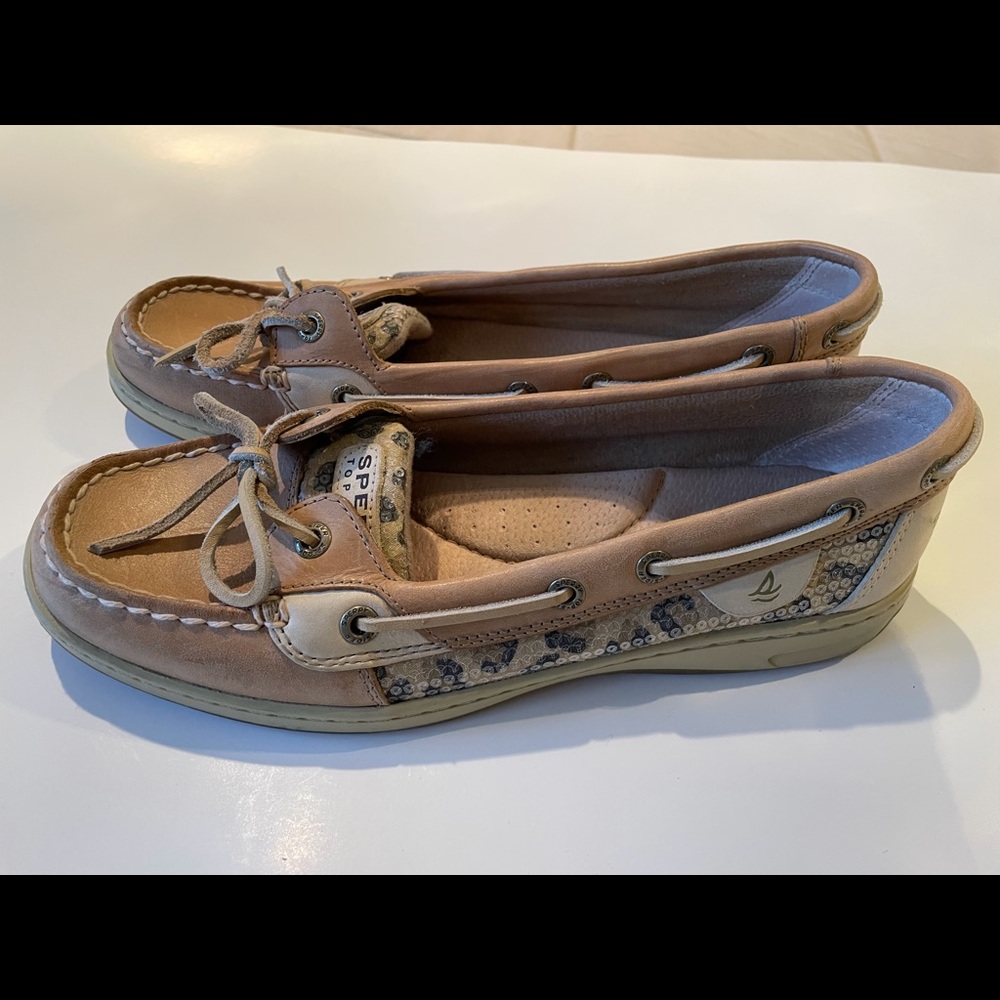 Sperry Angelfish Top-sider Boat Shoes with Leopard and clear Sequins, size 9